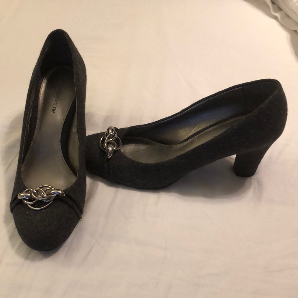 Cute grey heels with silver embellishment at toe. Pre-loved good condition